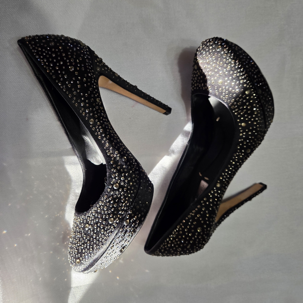 BCBGMaxAzria Black Satin + Champagne Sparkle Platform Stiletto Heels, 8.5 - Picture 4 of 6